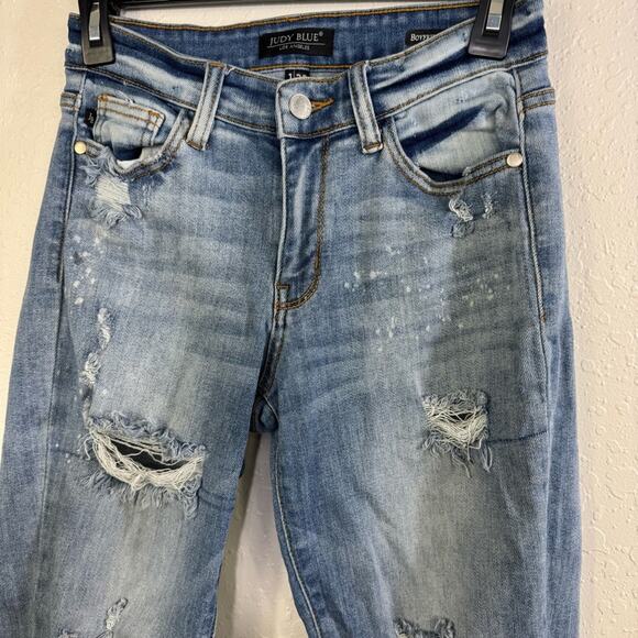 Judy Blue jean bleach splatter ripped raw hem size 1 denim Distressed Blue Jeans - Picture 6 of 12